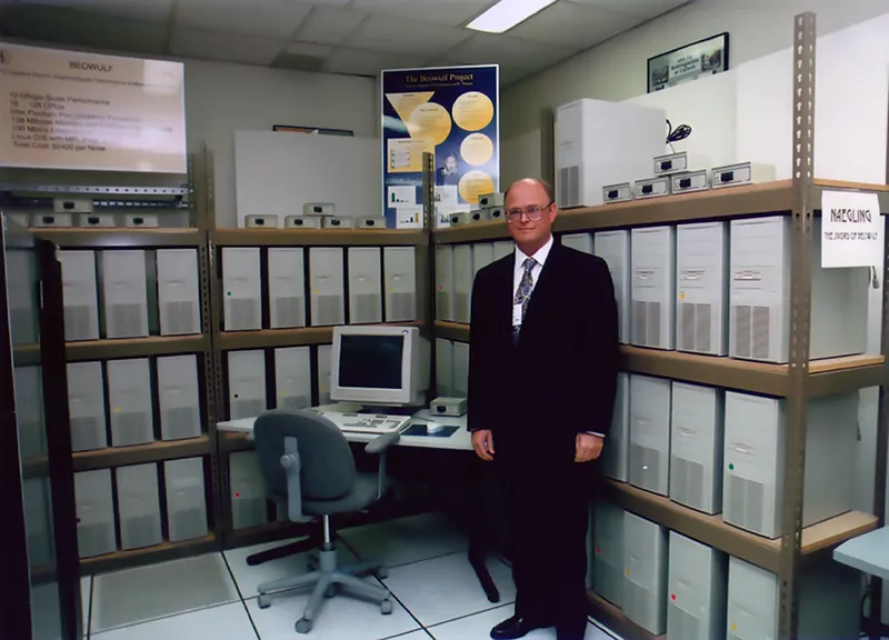 Thomas Sterling with the Naegling Beowulf cluster.