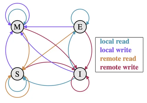 A state diagram illustrating the transitions between Modified, Exclusive, Shared, and Invalid states in the MESI cache coherence protocol, triggered by local and remote read/write operations.
